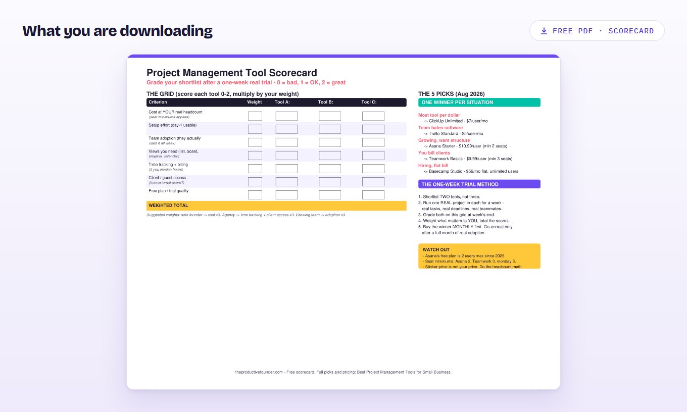 Preview of the project management tool scorecard PDF, with seven weighted criteria and three blank columns for candidates.