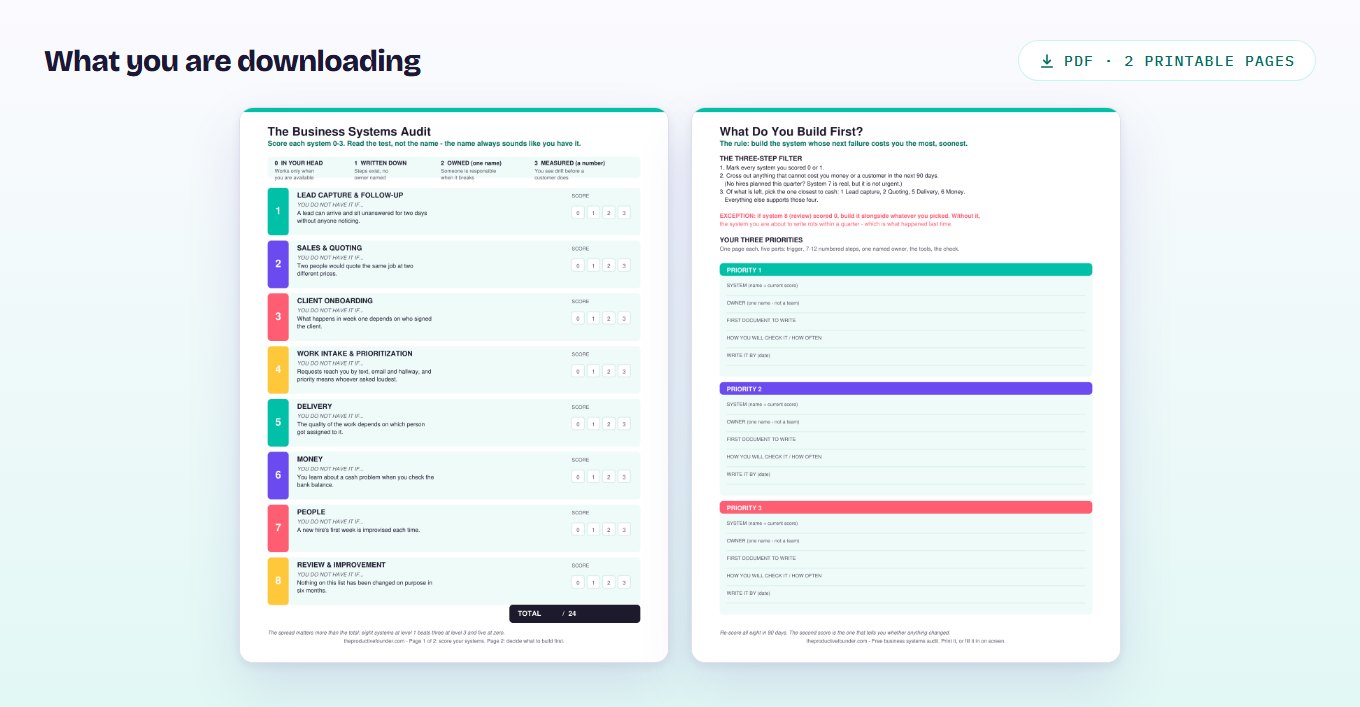 Preview of the two-page business systems audit PDF: the eight-system scoring sheet and the build-order worksheet.
