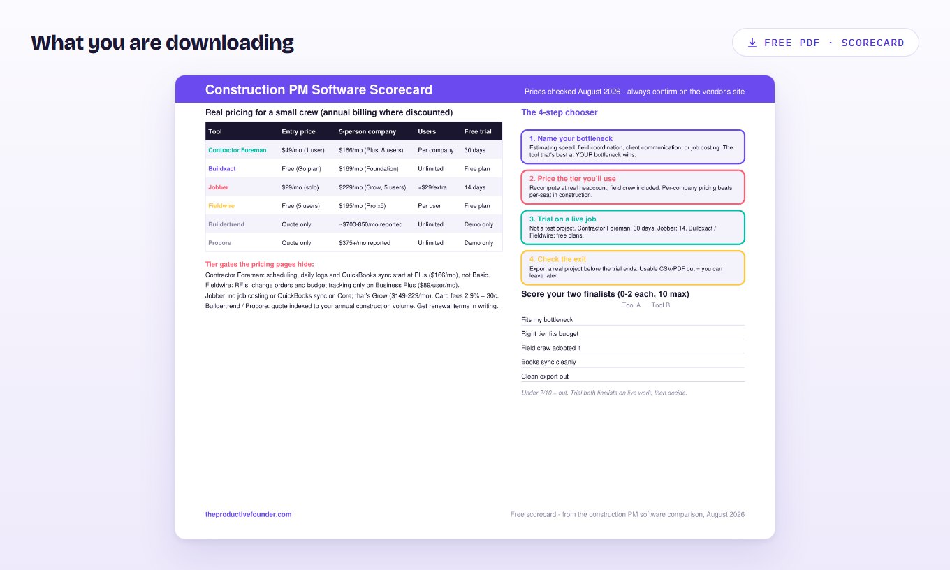 Preview of the construction project management scorecard PDF, with weighted criteria rows and blank columns for candidate tools.