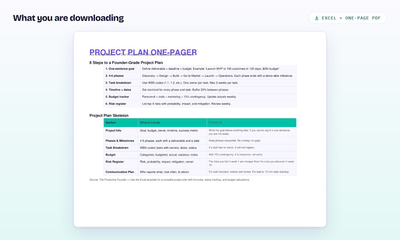 Preview of the project plan one-pager PDF, summarising goal, phases, budget and risks on a single page.