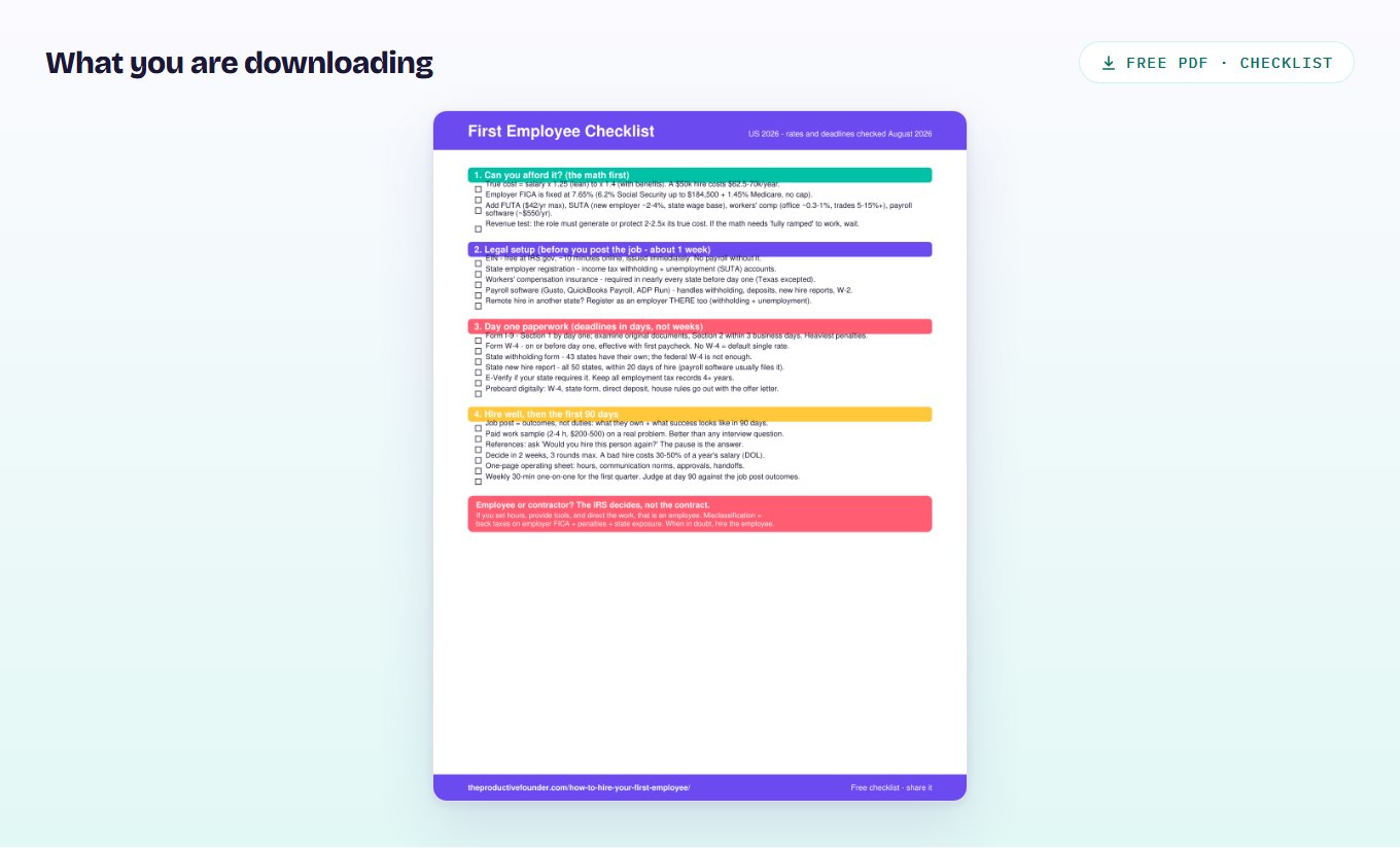 Preview of the first employee checklist PDF, listing legal setup, day-one paperwork and reporting deadlines with checkboxes.