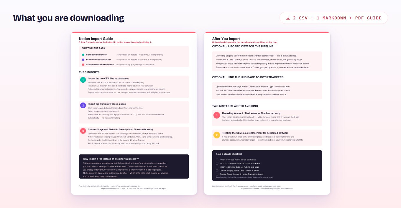 Preview of the two-page Notion import guide PDF: the three-import walkthrough and the after-import checklist.