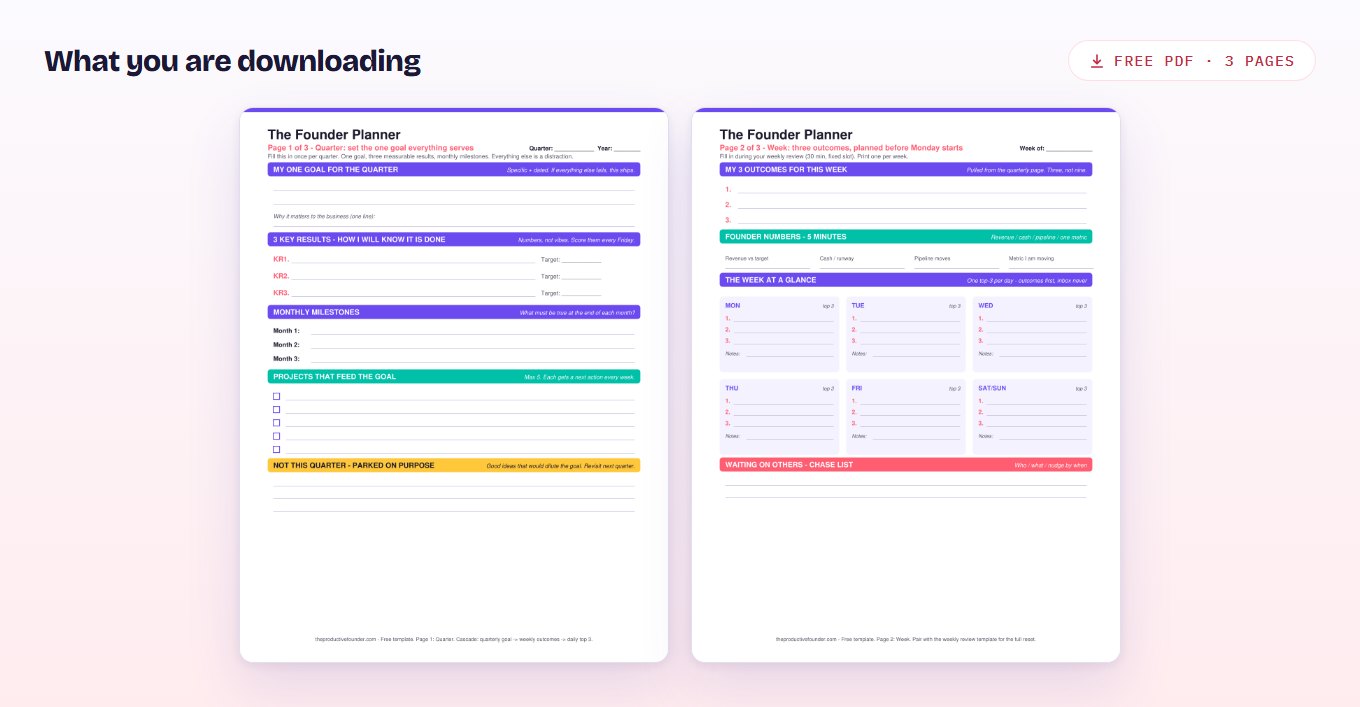 Preview of the founder planner PDF, showing the quarterly bet page and the weekly outcomes page.