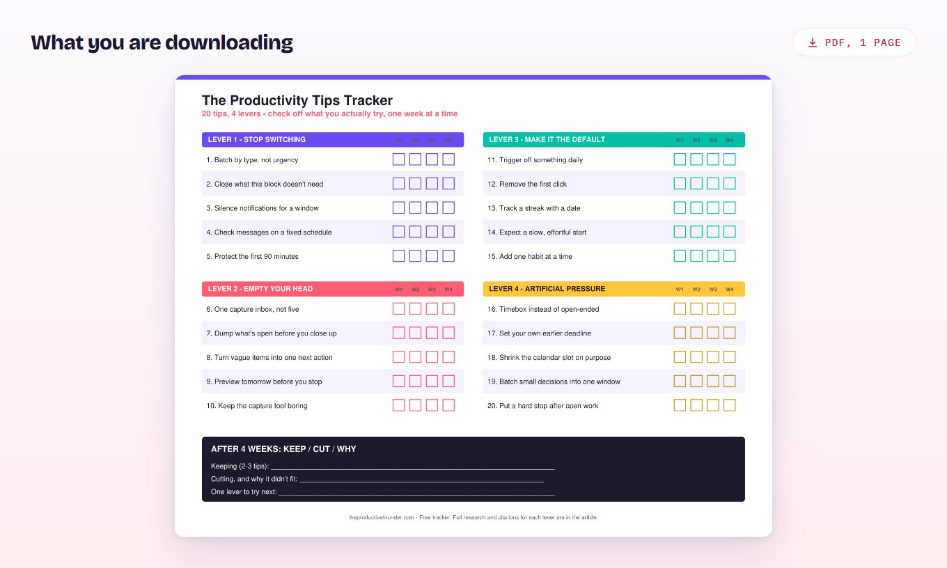 Preview of the one-page Productivity Tips Tracker PDF, showing the 20 tips grouped into four colour-coded levers with a four-week checkbox grid.