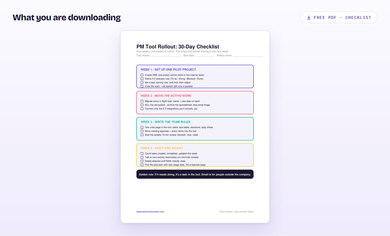 Preview of the 30-day project management rollout checklist PDF, organised week by week with checkboxes.