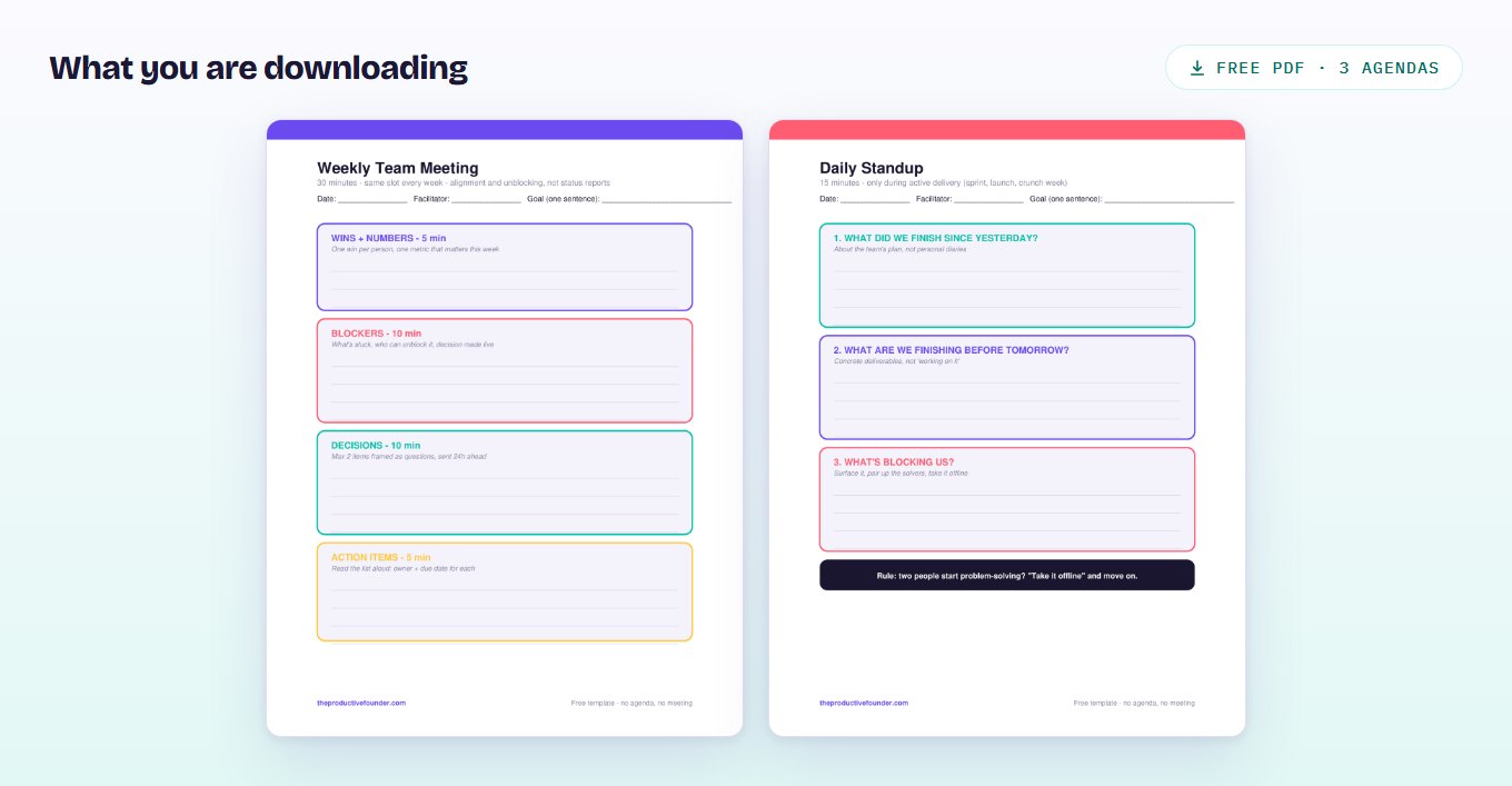 Preview of the team meeting agenda templates PDF, showing timeboxed agenda items with owner columns and an action list.
