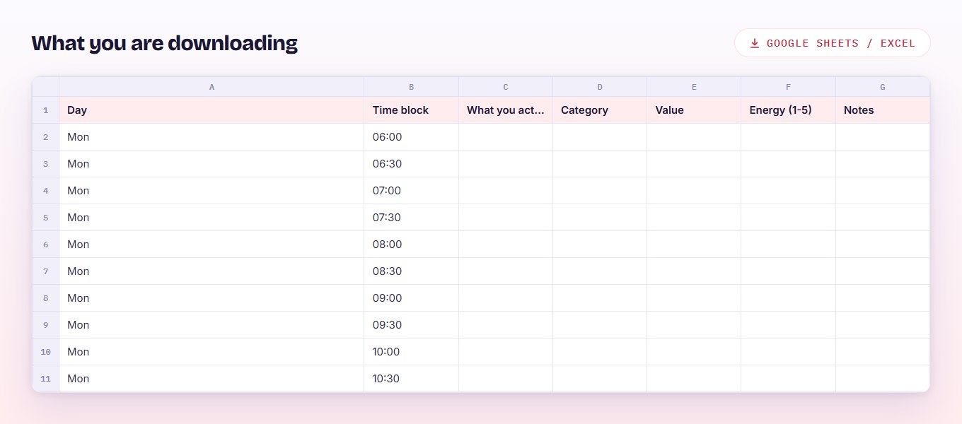 Preview of the time audit spreadsheet, showing the daily log with 30-minute rows and columns for category, value and energy.