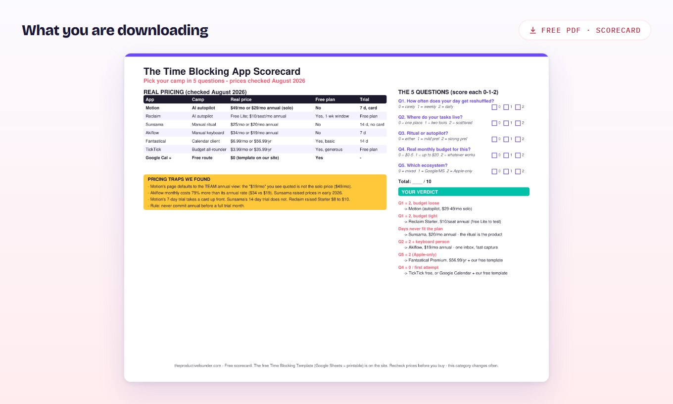 Preview of the time blocking app scorecard PDF, with weighted criteria and blank columns for candidate apps.