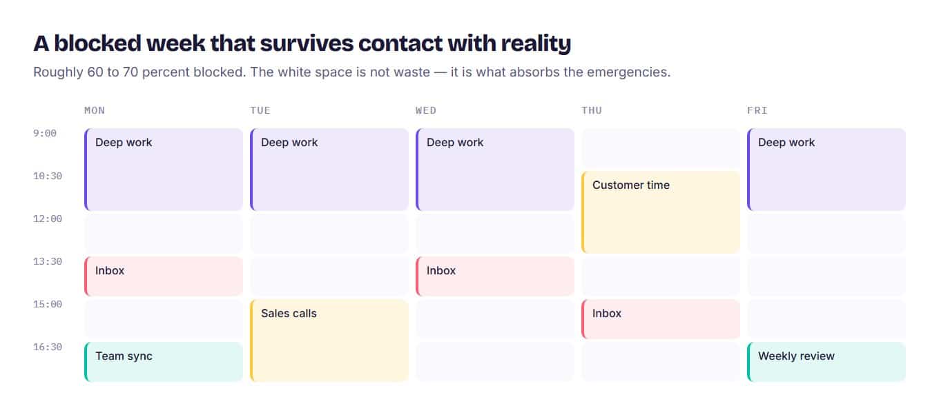 A weekly calendar grid showing deep work blocks each morning, batched inbox slots, sales and customer time, and a Friday weekly review, with about a third of the week left unblocked.