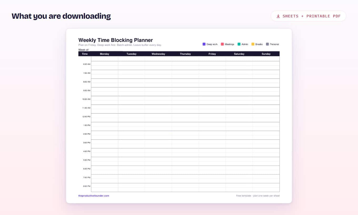 Preview of the printable time blocking template, a weekly grid divided into time slots for planning deep work and batched tasks.