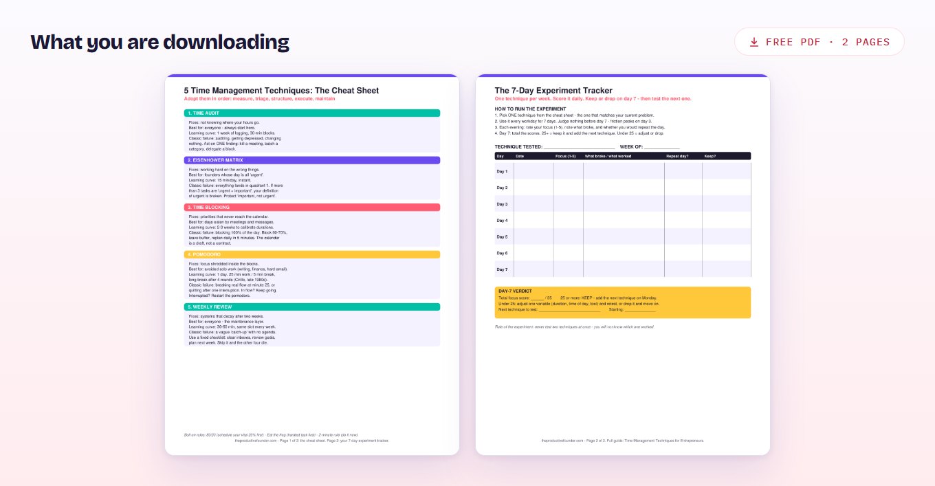 Preview of the time management techniques cheat sheet and seven-day experiment tracker PDF.