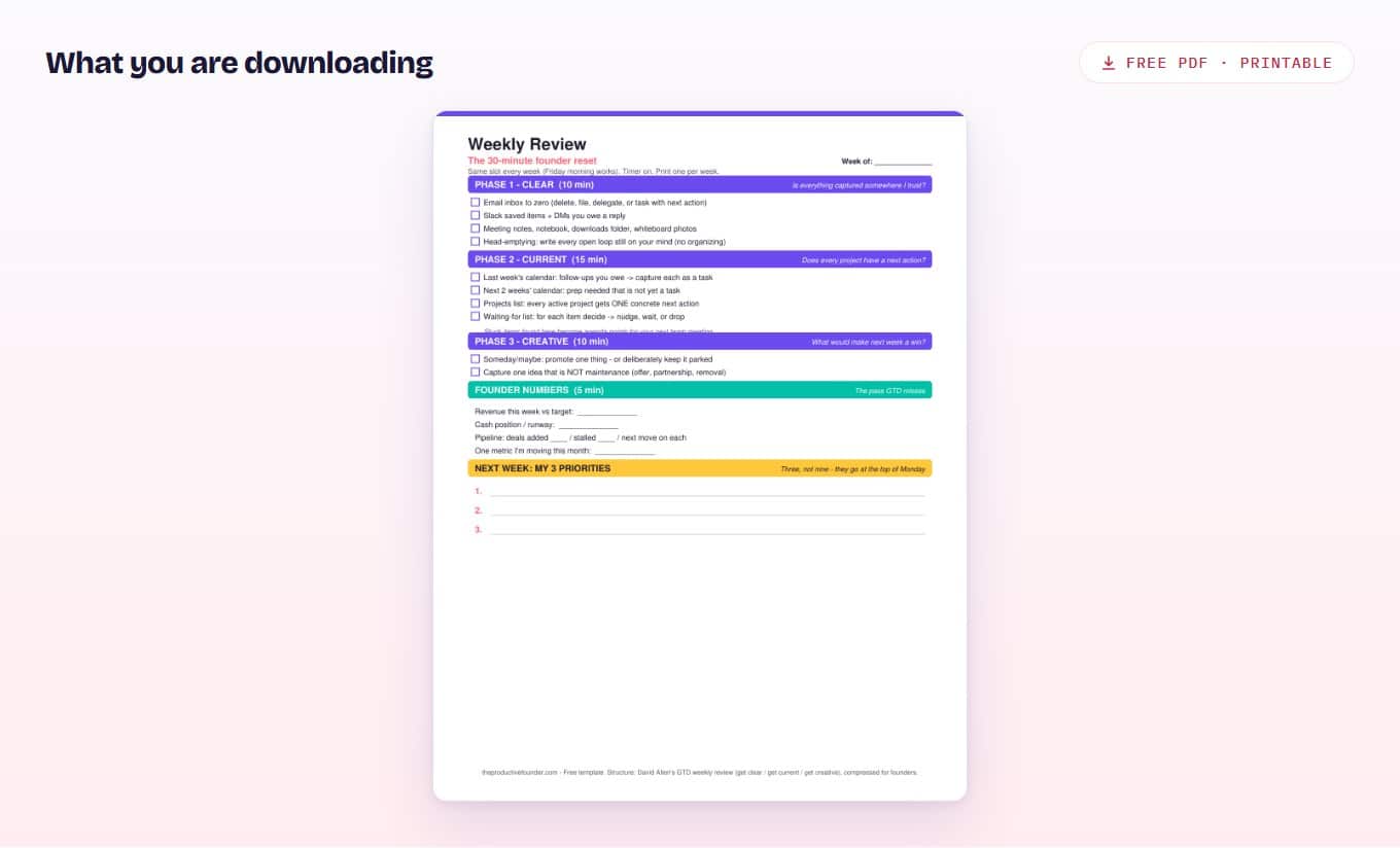 Preview of the weekly review template PDF, with the clear, current and creative phases and a numbers section.